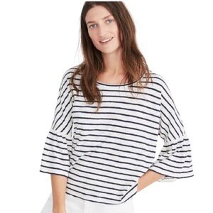 Women's M Madewell Striped Flare bell sleeve blouse Ivory Blue Ruffles